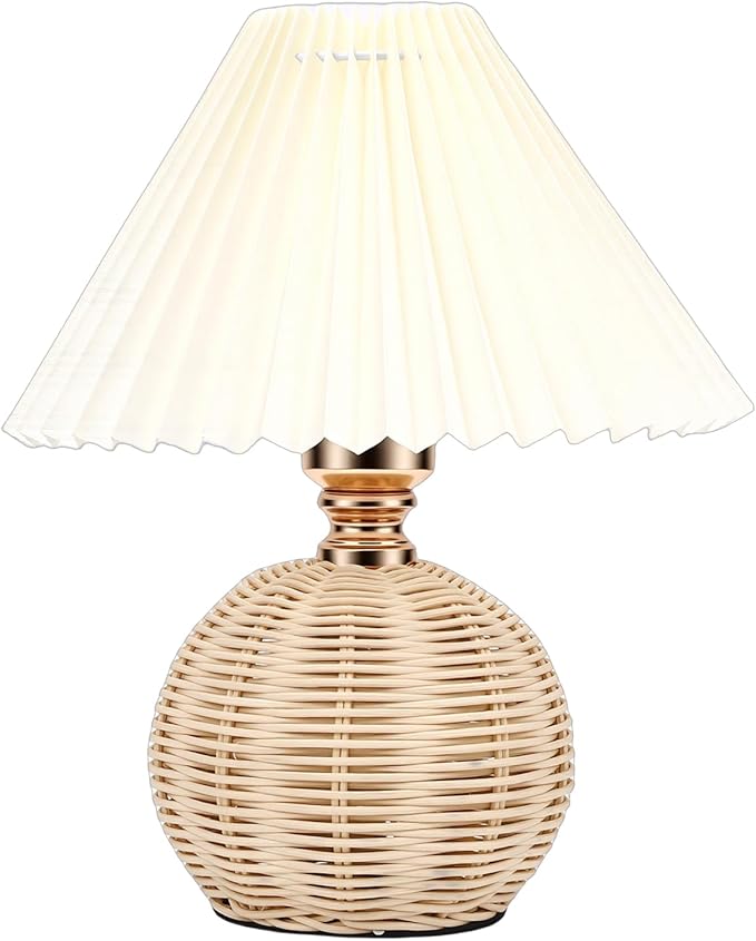 Hyuduo Pleated Table Lamp, Soft Yellow Light with Linen Lampshade and Rattan Base Bedside Lamp for Bedroom Nightstand, 10 Inch Shade 15 Inch Height Warm Glow Accent Light, Ideal for (Beige)