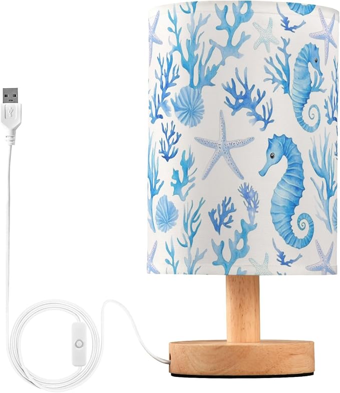Nautical Seahorses Starfish Coral Blue Bedside Table Lamps with USB Port for Bedroom LampSmall Nightstand Lamp Sturdy Linen Shade Wooden Base Decorative Lamps for Nursery Kids Reading Dorm Home