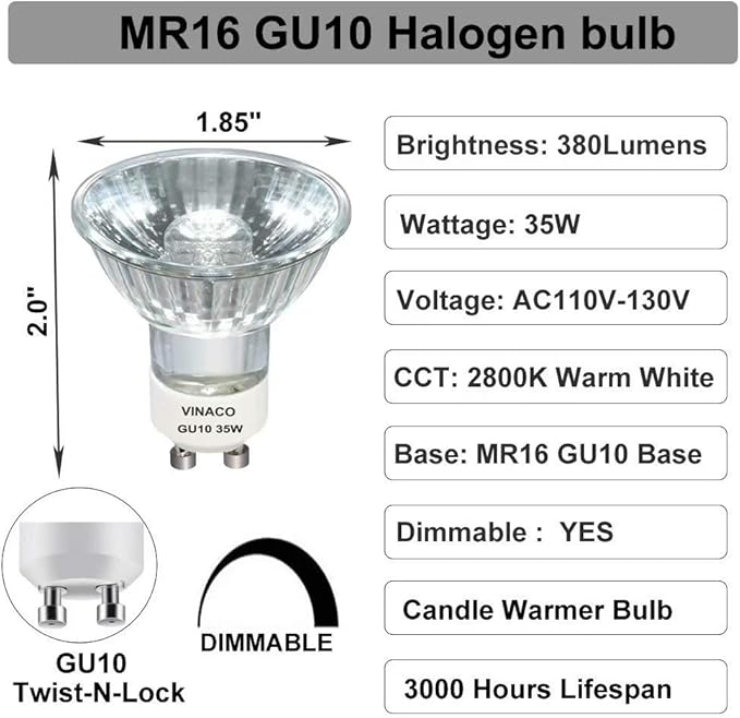 Vinaco GU10 C 120V 35W Bulb Dimmable, 6 Pack High Output 380LM GU10 C 110V 35W Candle Warmer Warm White 2800K, Long Lasting GU 10 Halogen Bulbs No Flicker for Candle Warmer Lamp & Track Lighting