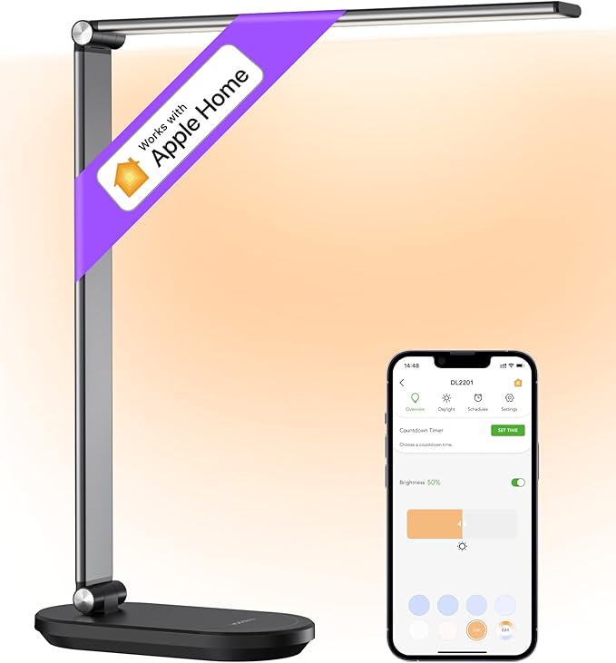 VOCOlinc Desk Lamp, LED Eye-Caring Desk Light for Home Office, Compatible with Homekit Alexa Google, Smart Desk Light with Stepless Dimming, Timer, Work for Reading, Study, Crafts
