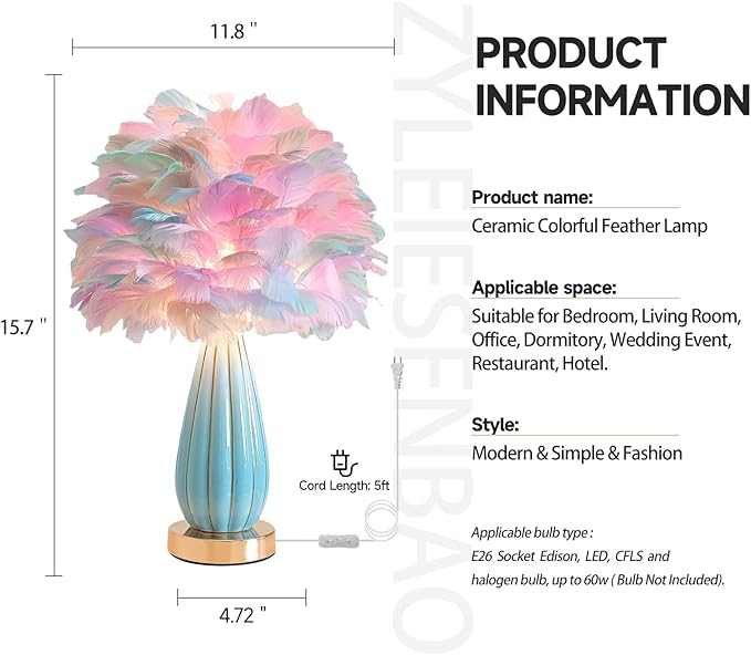Colorful Feather Lamp Modern Feather Table Lamp Romantic Rainbow Bedside Lamp Nordic Fluffy Princess Nightstand Light for Girl Bedroom Living Room Entry Office Wedding Atmosphere