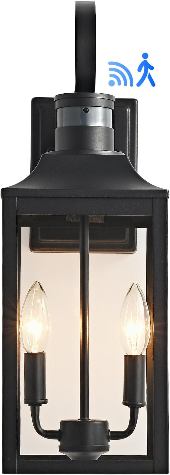 18.9" Black Motion Sensor Outdoor Wall Lantern, 2-Light Industrial Porch Light with Clear Glass Waterproof Exterior Light Fixture Sconce for Outside Porch, Patio, and Garage (1 Pack)