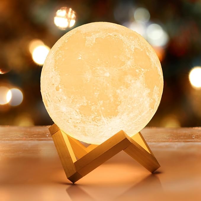 Mydethun Moon Lamp 3D Night Light - Valentine Gifts for Women, Mom & Kids, 5.9' Table Decor w/Wooden Base, Proposal Decororation w/Touch-Dimmable & USB Rechargeable, Dual-Color White/Warm Yellow