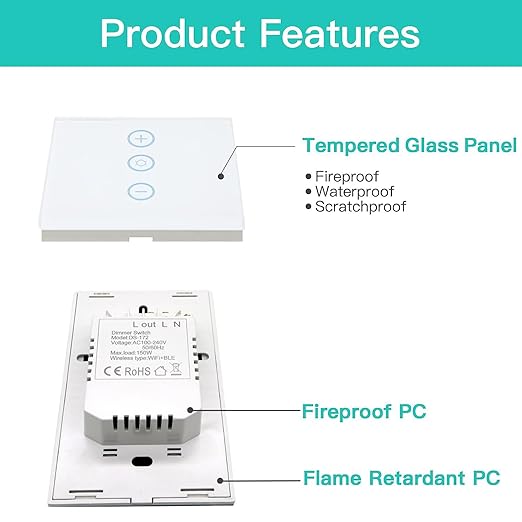 BSEED Smart Dimmer Switch, 2.4GHz WiFi Dimmer Light Switch Works with Alexa and Google Home, Neutral Wire Required Light Switch Dimmer, Single Pole Touch Dimmer Switch for Lamp, Remote Control, White