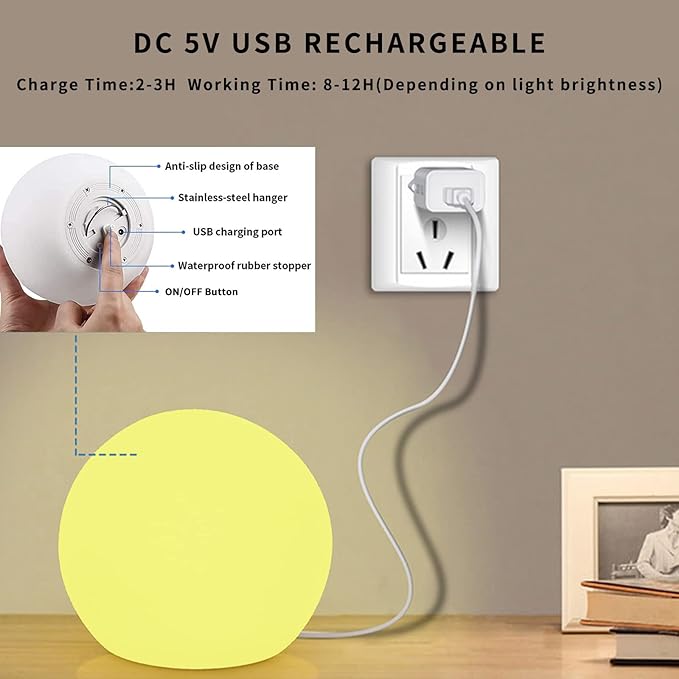 LED Glowing Ball Light, 10-Inch Cordless 16 Color Changing and 4 Light Modes Kids Night Light, Rechargeable and Dimmable Mood Lamp with Remote Control, Perfect for Home Yard Accent Decor
