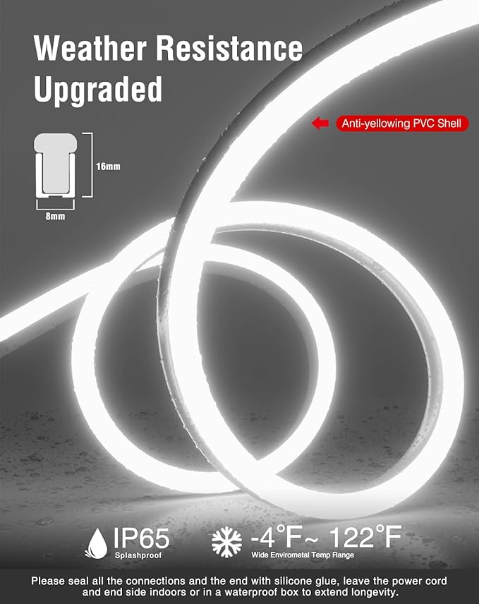 Shine Decor 82FT/25M LED Neon Rope Lights, Cool White AC 110V-120V Neon LED Strip Lights, Flexible Waterproof SMD2835 120LEDs/M Indoor Outdoor Ropes Lights, Bright Ambient Lighting Decoration