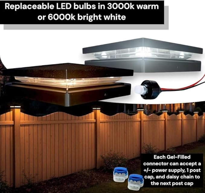 DekLights® DIY Line LED Lighted Post Cap for 6x6 Wood Posts (True 5.5"x5.5"). Our 12volt Low Voltage with Replaceable LED Bulb. for Your 6x6 Fence Posts (Black Cap 3000k Bulb)