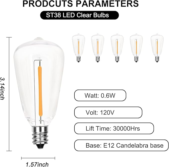 25 Pack Edison Light Bulbs,ST38 LED Clear Replacement Bulbs Fits C7 E12 Base Light,0.6W Vintage Dimmable Waterproof Light Bulbs for Indoor Outside Night Light String Lights