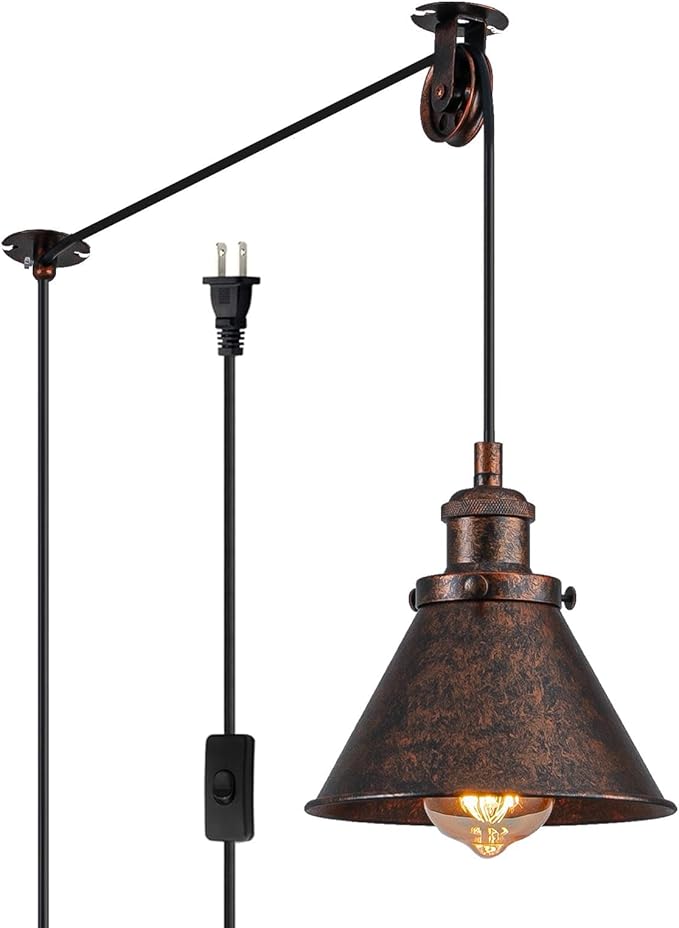 Plug in Pendant Light, On/Off Switch, 7.1 in. Hanging Light Fixture with Rustic Cone Shade, Rusty Pendant Light, 16.4ft Hanging Lights with Plug in Cord for Bedroom, Kitchen, Living Room