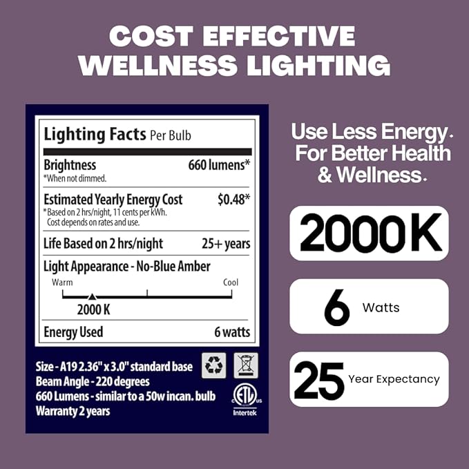 Norb Everyday Sleep Light Bulb - No Blue, Amber LED, 2000K Nighttime Lighting for Bedroom, Dimmable A19 Bulb Promotes Natural Melatonin & Circadian Rhythm for Babies, Kids, Adults, 6W (2-Pack)