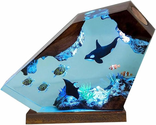 Orca Ocean Resin Lamp, Handmade Wooden Table Resin Night Light, USB Port Art Ornaments for Home Office Decor, Scuba Diver Gifts for Birthday Holiday, Unique Thanksgiving Day and Christmas Gifts