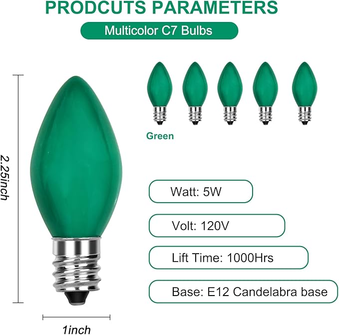 25 Pack C7 Green Christmas Replacement Light Bulbs, C7 Vintage Multicolor Ceramic Bulbs for Christmas Outdoor Indoor String Lights, E12 Candelabra Base-Green