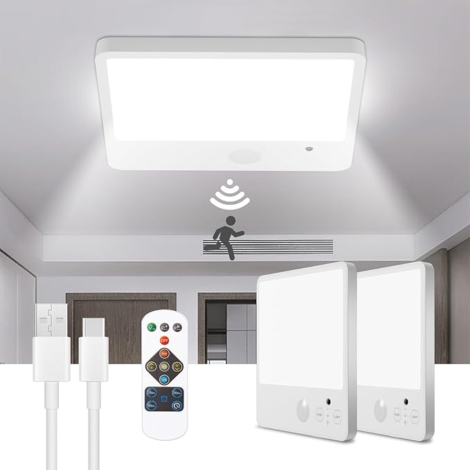 2Pcs Battery Operated Ceiling Lights Rechargeable Motion Sensor Light Indoor Wireless Shower Light with Remote 7.48in Dimmable Motion Activated Lamp for Closet,Magnetic Ceiling Light Battery Powered