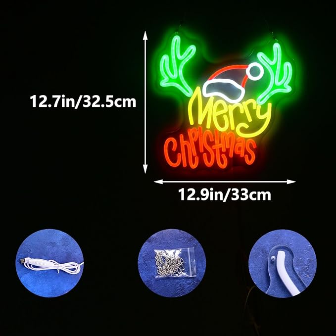 Merry Christmas Neon Sign with Deer Antlers and Santa Hat, Cute Happy New Year Decor for Home, Holiday Party Decorations, Xmas Lights for Wall Window Bar