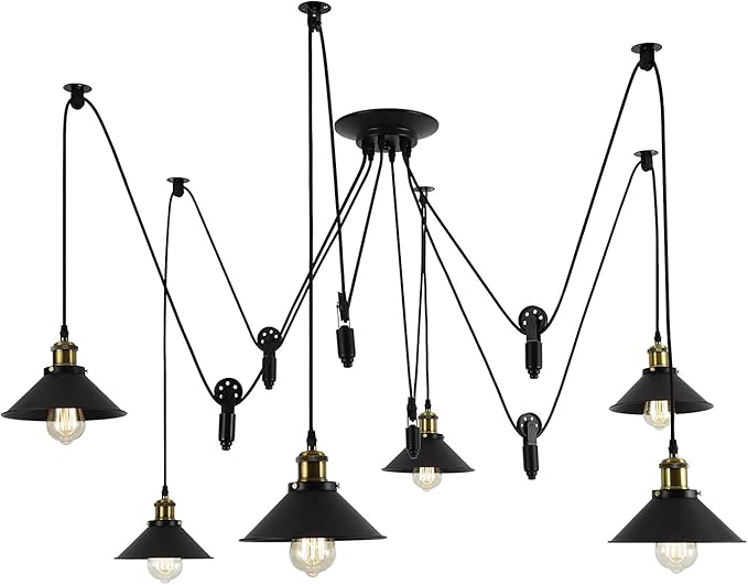 Pulley Pendant Light With 6 Lights, Adjustable DIY Industrial Vintage Rustic Chandelier Mount Ceiling Light Edison Rustic Chandelier,Hanging Pedant Lights Fixture for Dining Room,Warehouse,Farmhouse