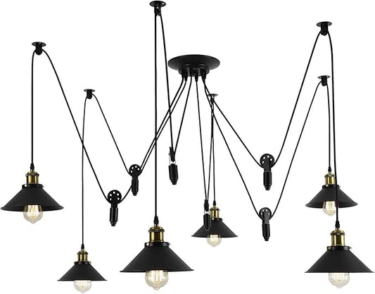 Pulley Pendant Light With 6 Lights, Adjustable DIY Industrial Vintage Rustic Chandelier Mount Ceiling Light Edison Rustic Chandelier,Hanging Pedant Lights Fixture for Dining Room,Warehouse,Farmhouse