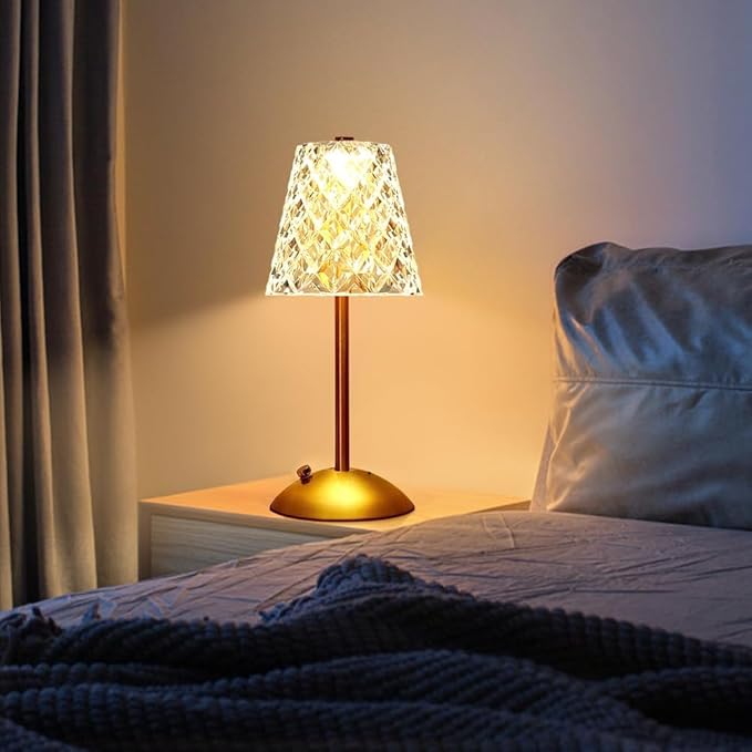 Portable Crystal Metal Desk Lamp,3-Color Touch Control, Rechargeable Battery - Ideal Bedside Lamp for Bedroom Nightstand (Golden Crystal Lamp)