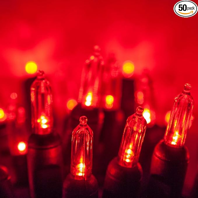 50 T5 LED Red Christmas Tree Lights, 25.5 ft Green Wire Indoor/Outdoor Commercial Grade Mini String, Valentine’s Day and Holiday Lighting