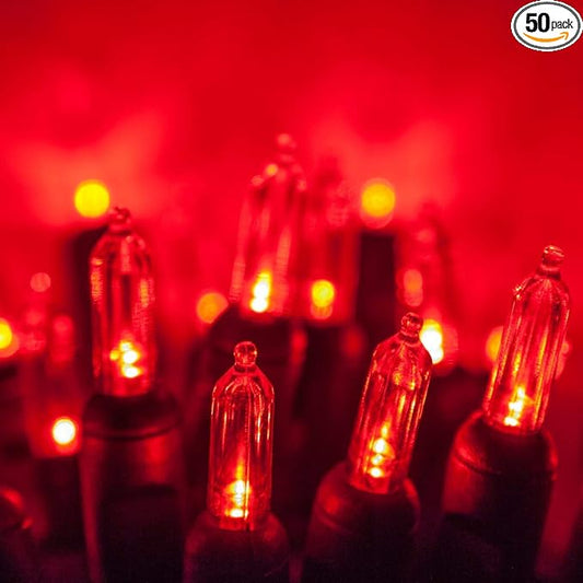 50 T5 LED Red Christmas Tree Lights, 25.5 ft Green Wire Indoor/Outdoor Commercial Grade Mini String, Valentine’s Day and Holiday Lighting