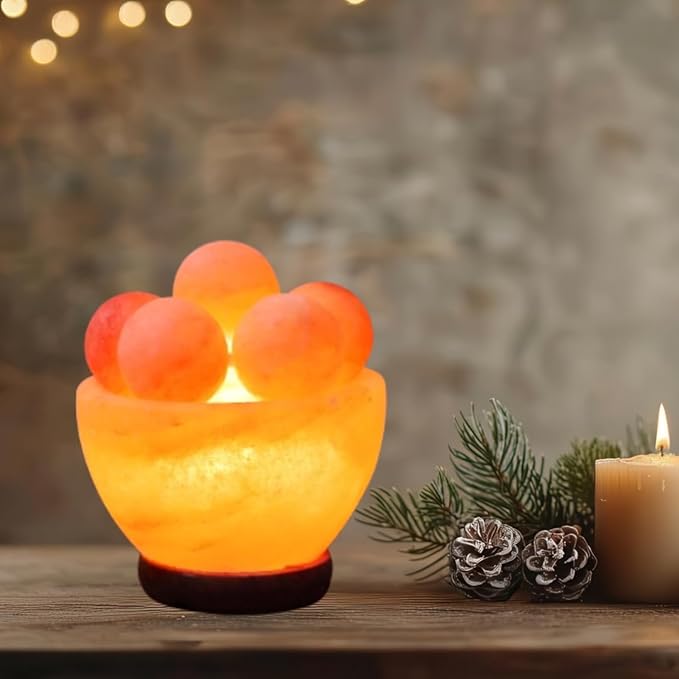 NB Himalayan Pink Salt Lamp Bowl with Salt Balls – Hand-Carved Crystal Rock Salt Lamp with Dimmer Switch & 2 Bulbs – Authentic from Pakistan – Soothing Amber Glow for Home & Office Décor
