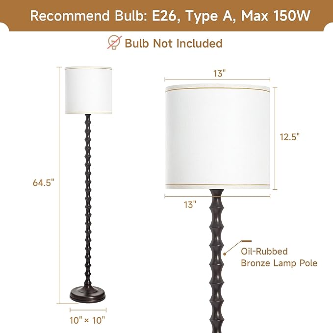 64.5" Dark Brown Floor Lamp with White Lampshade, Dark Brown Floor Lamp for Living Room.Rustic Floor Lamps,Tall Floor Lamps for Living Room, Bedroom, Corner, Dining Room, Home