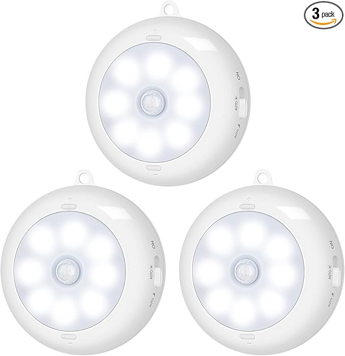 BLS Motion Sensor Light Indoor, LED Night Light Closet Lights, Under Cabinet Battery Powered Ceiling Lights, AA Battery Operated Stick on Wireless Puck Lights for Wall, Step, Stair, Dimmable (3 Pack)