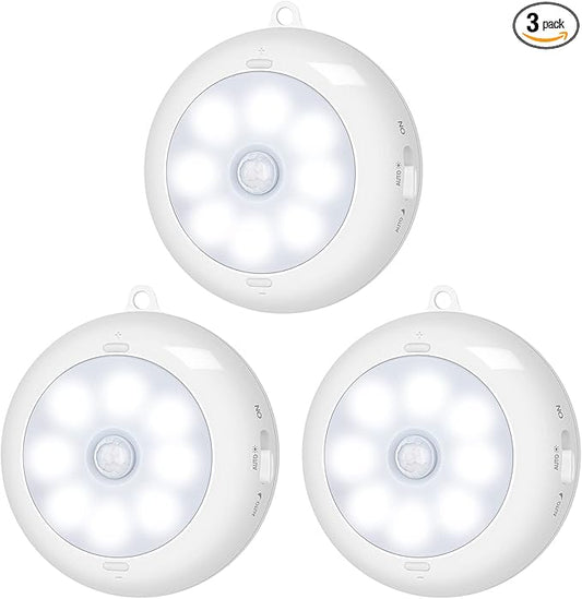 BLS Motion Sensor Light Indoor, LED Night Light Closet Lights, Under Cabinet Battery Powered Ceiling Lights, AA Battery Operated Stick on Wireless Puck Lights for Wall, Step, Stair, Dimmable (3 Pack)