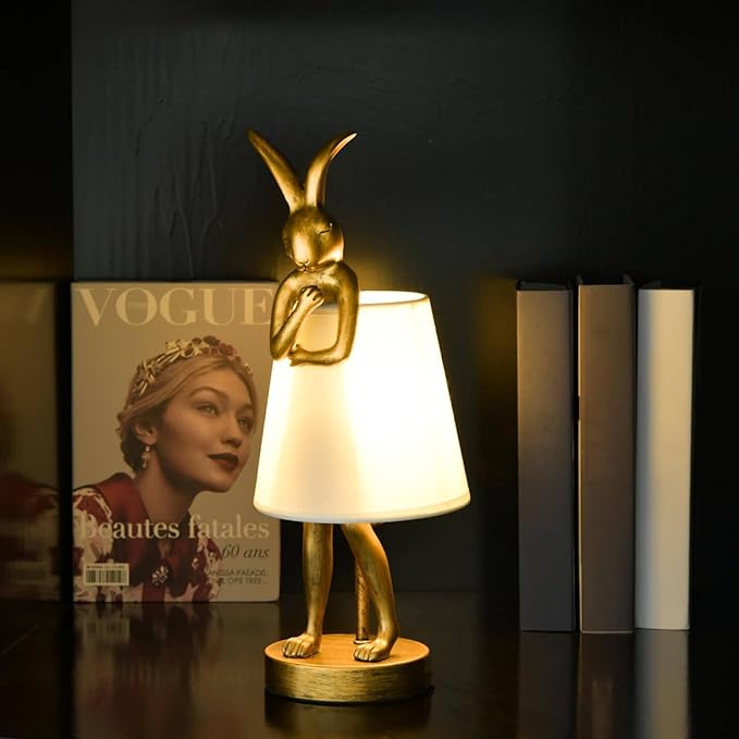 YHT Bunny Table Lamp, Cute Animal Rabbit Lamp,Bunny Lamps,15.7" Vintage LED Desk Light with Linen Lampshade,Gold Main Part Beside Lamp for Bedroom, Study Room, Office, Nursery, Home Decor (White)