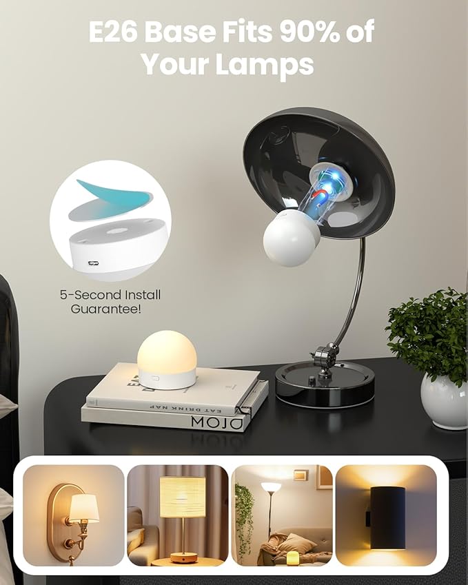 UNILAMP Rechargeable Light Bulbs for Lamps: 3000mAh E26 Battery Operated Bulb with Remote & Timer, 3 Color Temperature+12 RGB Magnetic Dimmable Puck Lights for Sconce, Non-Hardwired 2 Pack