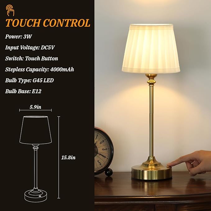 Cordless Table Lamp Rechargeable Gold - 1 Pack Brass 4000mAH Battery Operated Lamp for Decor, 3000K Stepless Dimming Touch Control Wireless Lamp for Bedroom, Dining Table, Counter, Living Room