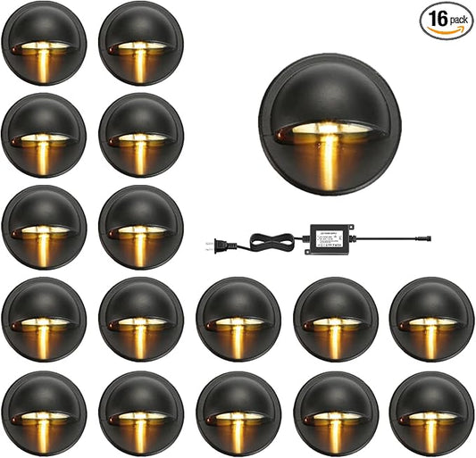 RNEHON 16-Pack Warm White LED Deck Lights Kit, Φ1.38 12V Low Voltage Step Stair Lights,IP65 Waterproof Recessed Landscape Lighting, Adapt for Garden,Yard Steps,Stair,Patio,Floor,Kitchen Decoration