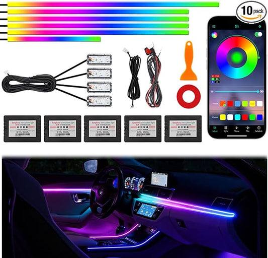 Acrylic Interior Car Ambient Lighting Kits, LED Strip Lights with Wireless APP, Neon Fiber Optic Lights Function LED Strip for Car with Music Modes (10 in 1)