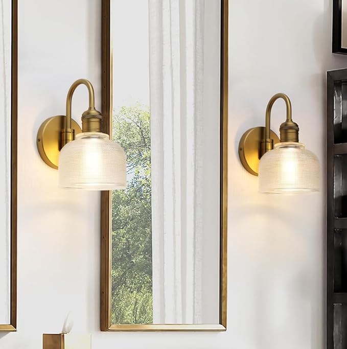 Yosoan Brass Gold Vintage Wall Sconce with Striped Shade, 1-Light Modern Vanity Light Industrial Single Wall Mounted Hardwired Bowl Texture Glass Shade for Living Room Bedroom Kitchen Hallway(Antique)