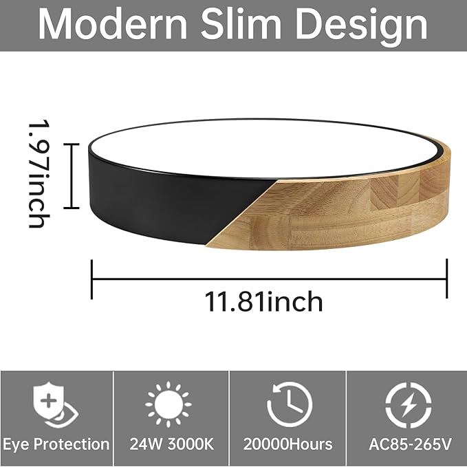 Led Ceiling Light Flush Mount: 12 Inch 24W Bedroom Light Fixture with Round Wood Modern Black Flat Overhead Ceiling Lamps for Kitchen Hallway Laundry Warm White 3000K, Not Dimmable - 2 Pack