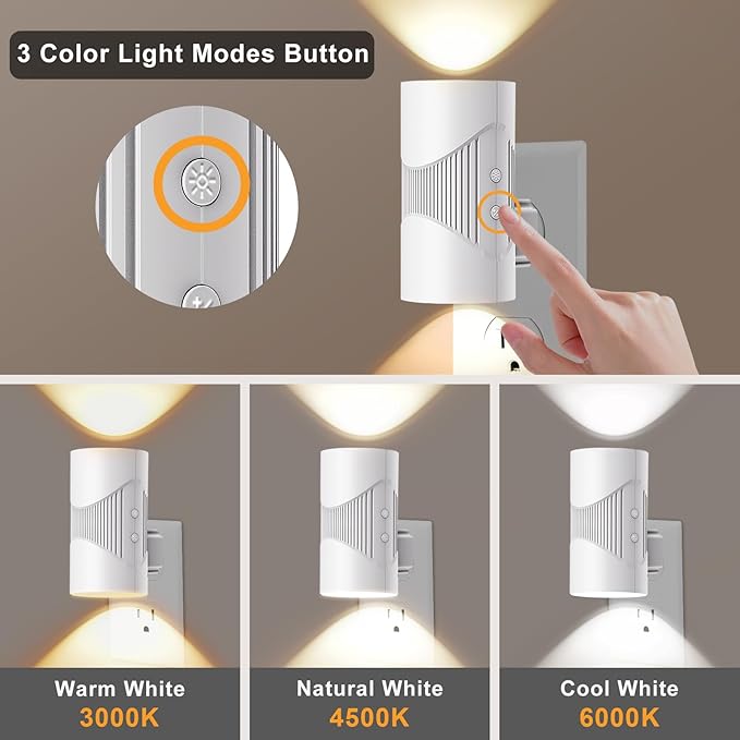 easuntec Night Light, Night Lights Plug into Wall, Warm Led Night Light, Dusk to Dawn Light Sensor, 3 Light Modes, Dimmable Night Lights for Bedroom Bathroom Hallway Kitchen Stairs (White, 2 Pack)