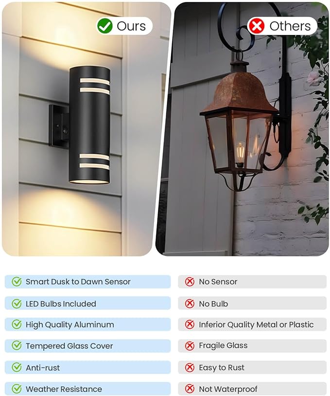 Dusk to Dawn Outdoor Lighting 2 Pack, Modern Outdoor Wall Lights Black Exterior Lighting Fixtures Wall Mount with E26 Base, Waterproof Outside Sconce Lights for House Porch, Bulbs Include