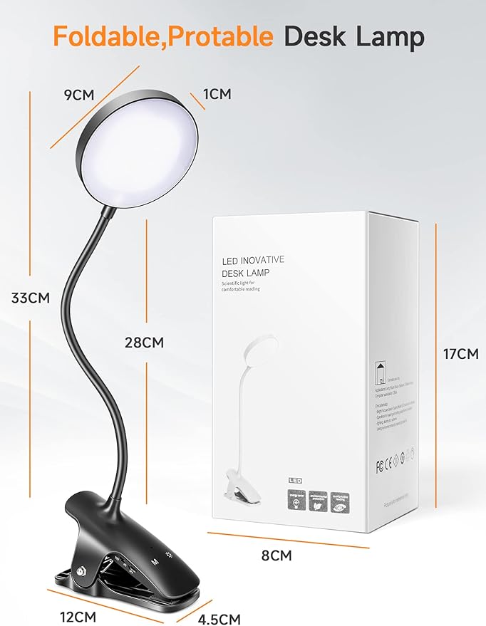 Mubarek Clip on Lamp,5 Brightness+5 Color Clip on Light,200LM 36 LED Reading Lights for Books in Bed,1800mAh Battery Powered Lamp Battery Operated Lights,Rechargeable Desk Lamp with Clamp Light
