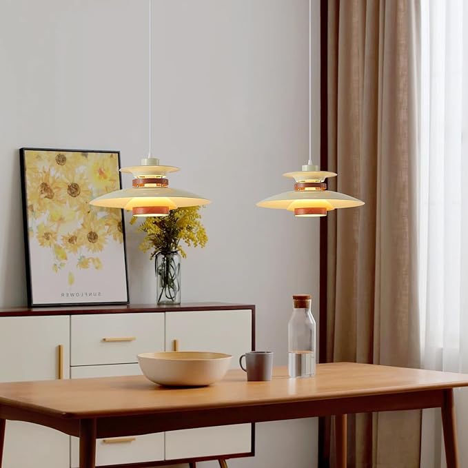Modern Decor Adjustable Pendant Lamp Kitchen Island, Aluminum and Wood Finish,1-Light E26 Base Ceiling Hanging Light for Dining Room Shop Restaurant (Beige+Dark Wood Grain, 40cm)
