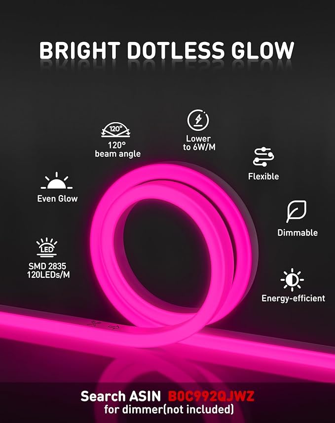 Shine Decor LED Rope Lights AC 120V, Connectable & Cuttable Dotless 120LEDs/M Eco Neon Strip Lighting, ETL IP65 Waterproof & Weather-Resistant for Home Commercial, 8x16mm, Pink, 82FT