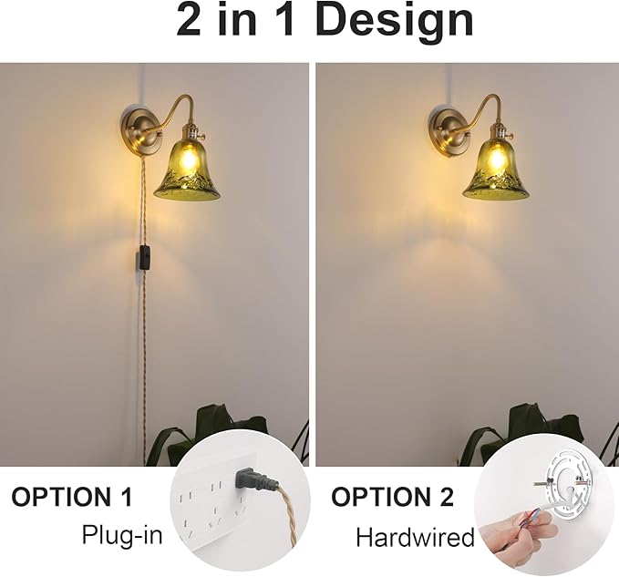 Plug in Wall Sconce Set of 2, Gold Vintage Wall Decor Lights with Green Morning Glory Glass Shade, Indoor Brass Corded Wall Lamp Fixture for Bedroom Living Room Bathroom Hallway