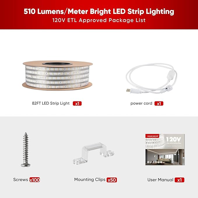 Shine Decor Plus LED Strip Lights AC 120V, Connectable Double Row Bright Rope Light, ETL IP65 Waterproof & Weather-Resistant for Accent Lighting, 7x17mm, 6000K Cool White, 82FT