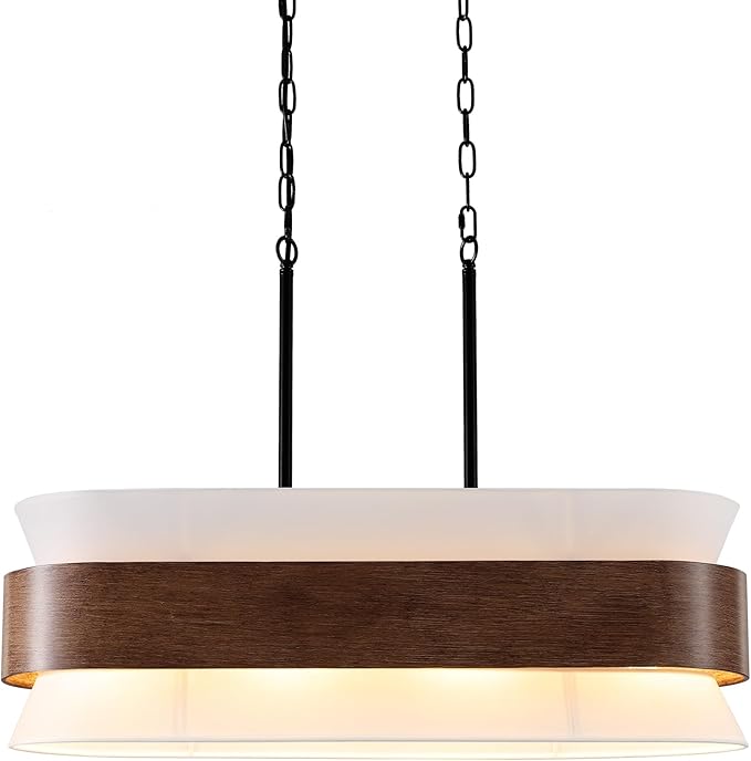 31.5" Farmhouse Kitchen Island Chandelier 4-Light Dining Room Light Fixture, 2-Tier Chandelier with Wood Grain Finish and White Fabric Shade, Adjustable Pendant Lights for Kitchen Island Over Table