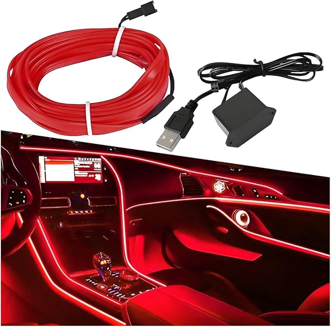 EL Wire Car Interior LED Strip Lights, 5V 16FT Neon Light Strip with Sewing Edge, USB Electroluminescent Car Interior Lights with Fuse Protection, Vehicle Ambient Lighting Decorations (Red)