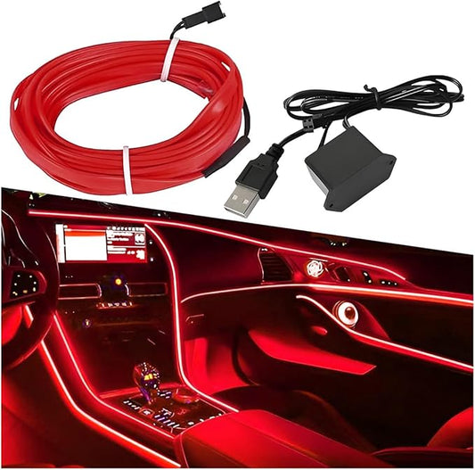 EL Wire Car Interior LED Strip Lights, 5V 16FT Neon Light Strip with Sewing Edge, USB Electroluminescent Car Interior Lights with Fuse Protection, Vehicle Ambient Lighting Decorations (Red)