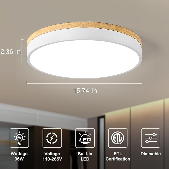 Dimmable Wood LED Ceiling Light, 5CCT 2700K-6000K, 15.74in Modern White Minimalist Flush Mount Lamp for Bedroom, Living Room, Kitchen