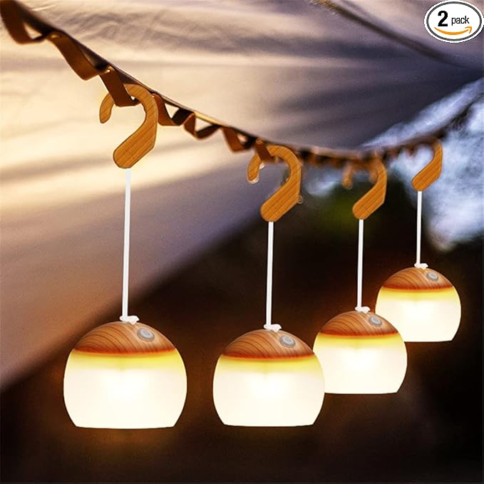 2-Pack 5200mAh Mini Outdoor Wood Camping Lanterns USB Rechargeable with Haning Hook LED Lights Bulbs Retro Tent Lantern for Power Outage Emergency