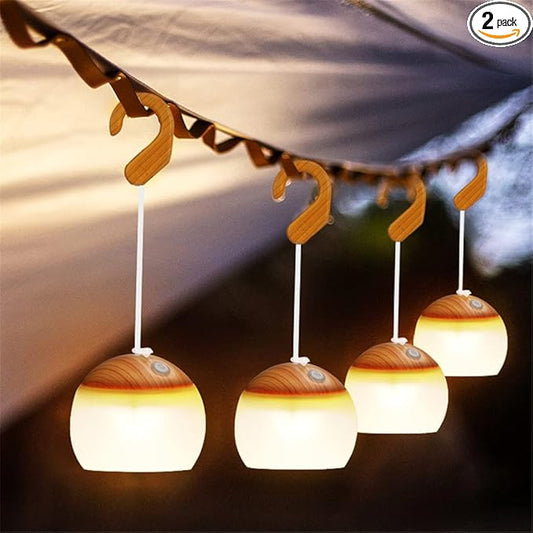 2-Pack 5200mAh Mini Outdoor Wood Camping Lanterns USB Rechargeable with Haning Hook LED Lights Bulbs Retro Tent Lantern for Power Outage Emergency