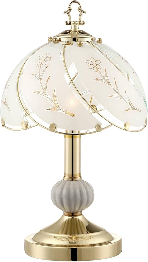 Regency Hill Traditional Accent Table Lamp 15" High Polished Brass Gold Floral Etched Art Glass Shade Touch On Off Cottage Core Decor for Bedroom House Bedside Nightstand Home Office