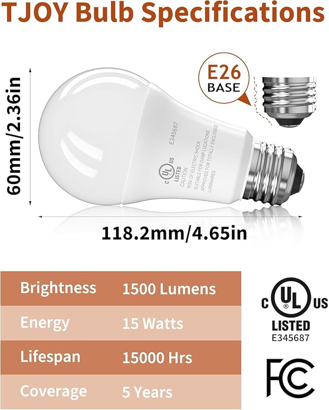 TJOY LED Light Bulbs, 100 Watt Equivalent A19 LED Bulbs, Soft Warm White 2700K, Energy Saving Lightbulbs with E26 Standard Base, 1500 Lumens Non Dimmable Lamp for Home Bedroom Kitchen, 4 Pack