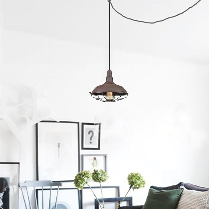 DAYCENT Industrial Plug-in Pendant Light Barn Style Hanging Lamp with Wire Caged Swag Light Fixture for Bedroom Hallway Kitchen Living Room, On/Off Switch
